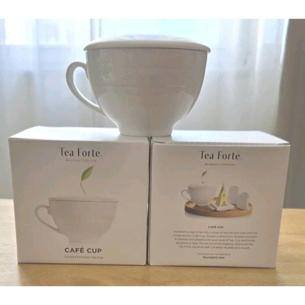 Tea Forte - Cafe Cup Steeper - White -  Covered Porcelain Tea Cups - 8oz (X2)